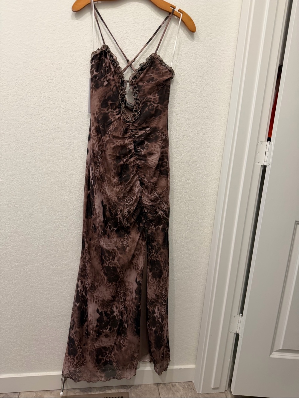 Princess Polly Brown Printed Slip Maxi Dress with Ruffle Detail